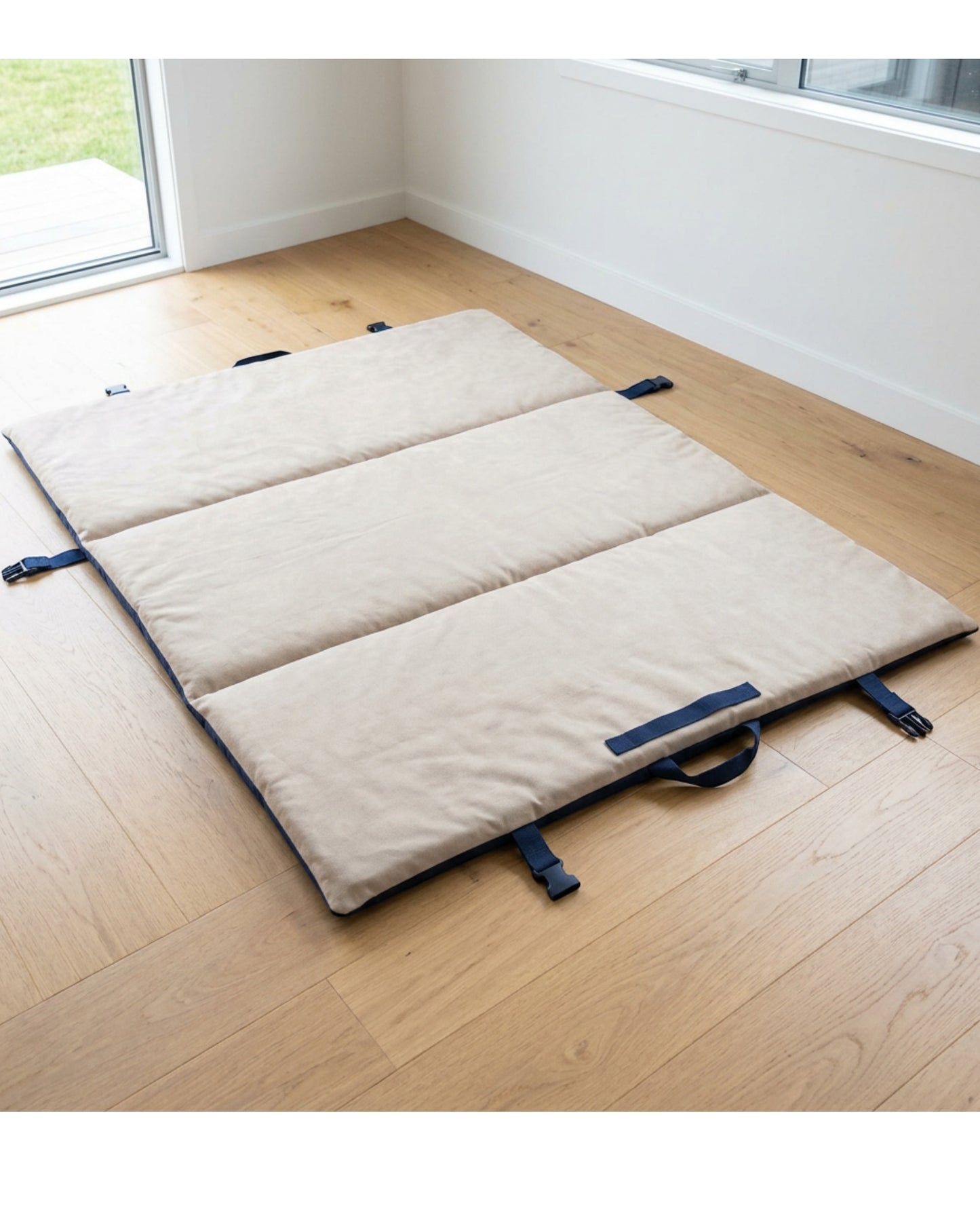 Yfbkn Large Three Panel Roll Up Dog Mat Sand Navy 48 Inch - Lifestyle view